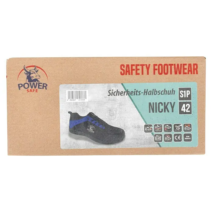 Sicherheitshalbschuh Nicky - 42, Schutzklasse nach EN ISO 20345: S1P, Schwarz, Blau - Karton mit Sicherheitsschuhen der Marke Power Safe, Modell Nicky, Größe 42. Aufdruck mit Stierkopf-Logo und Produktinformationen.