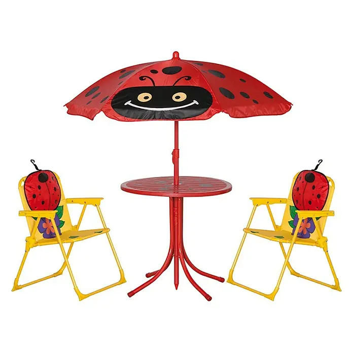 Siena Garden Marie Kinder-Gartenmöbel-Set -  - Das Bild zeigt ein Gartenset für Kinder mit einem Tisch, einem Sonnenschirm und zwei Stühlen im Marienkäfer-Design.