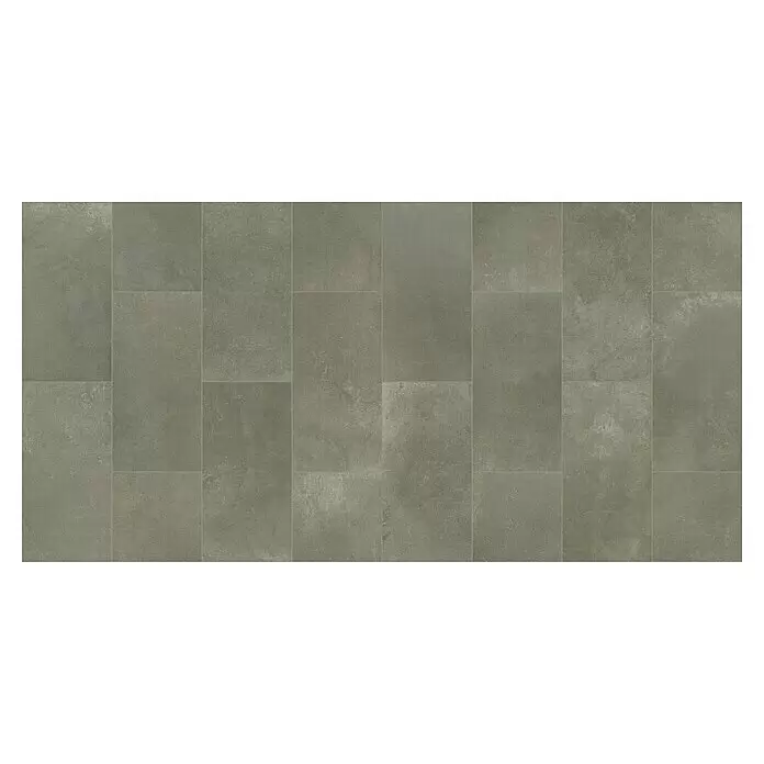 Beauflor PVC-Boden Meterware Cupid - Sonstige, Breite: 400 cm, Olivgrün/Grau - Graue rechteckige Bodenfliesen in Stein- oder Betonoptik, in einem variierten Muster verlegt.