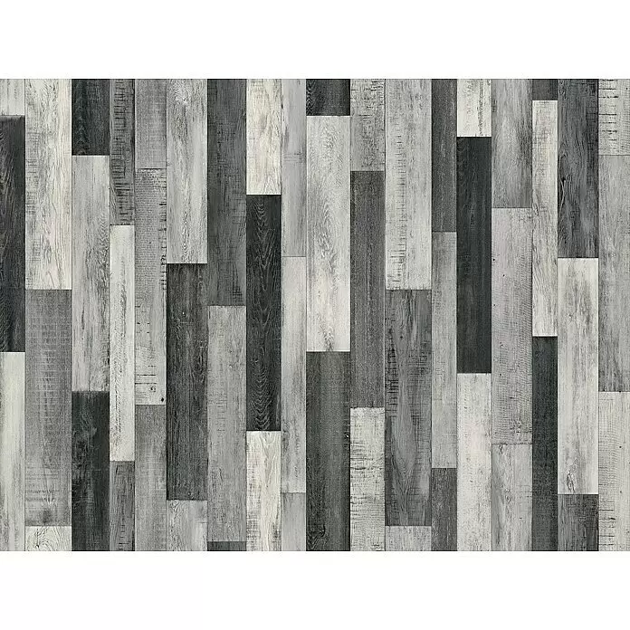 Beauflor PVC-Boden Meterware Artemis - 400 cm, Schwarz/Grau - Gebrauchte graue und weiße Holzplanken in abwechslungsreichem Muster für Boden oder Wandverkleidung.