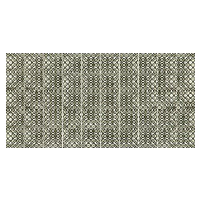 Beauflor PVC-Boden Meterware Calypso - Tile 03, Breite: 400 cm, Olivgrün/Beige - Geometrisch gemusterte Fliesen mit überlappenden grauen Kreisen und gelben Sternen.