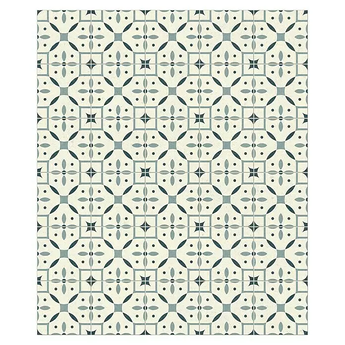 Beauflor PVC-Boden Meterware Calypso - Sonstige, Breite: 400 cm, Hellgrün/Beige - Wiederholendes blau-türkises geometrisches Fliesenmuster auf cremeweißem Grund.