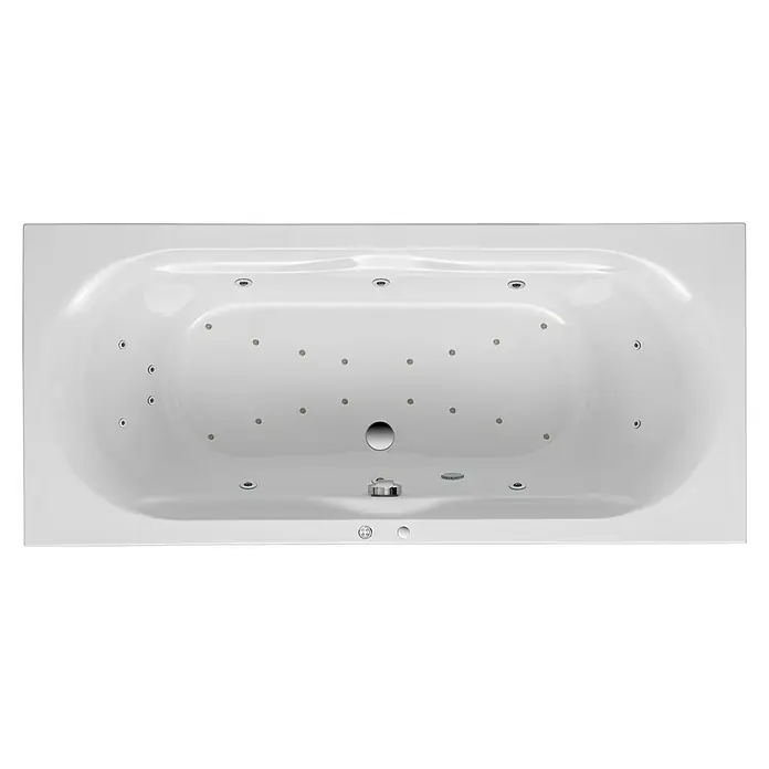 Ottofond Whirlpool Bali - 180 x 80 cm, Sanitäracryl, Weiß, Premium - Detaillierte Aufnahme einer weißen Whirlpool-Badewanne mit zahlreichen Düsen und Armaturen.