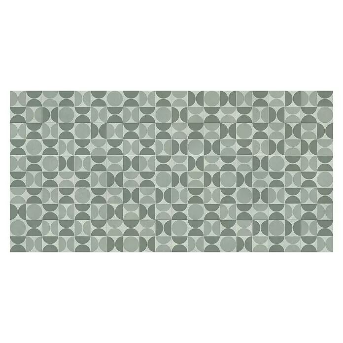 Beauflor PVC-Boden Meterware Calypso - 400 cm, Olivgrün - Grüne und graue geometrische Mosaikfliesen mit Kreismustern.