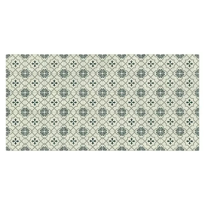 Beauflor PVC-Boden Meterware Calypso - Tile 08, Breite: 400 cm, Olivgrün/Beige - Gemusterte Bodenfliesen mit geometrischen Stern- und Schnörkelmotiven in Blaugrün und Creme.