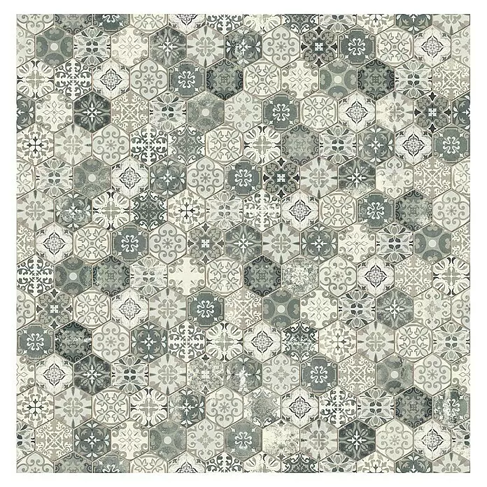 Beauflor PVC-Boden Meterware Calypso - Sonstige, Breite: 400 cm, Grau/Beige - Satz sechseckiger Keramikfliesen in Grau-, Creme- und Greigetönen mit verschiedenen Mustern für dekorative Oberflächen.