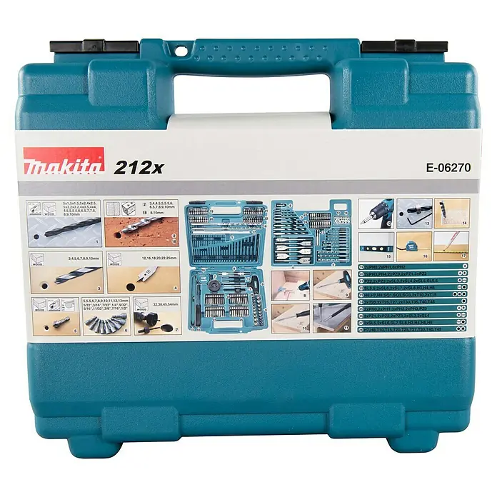 Makita Werkzeugkoffer E-06270L x B x H: 340 x 315 x 111 mm, Stahl, 212 -tlg. - Makita E-06270 Werkzeugkoffer: Ein umfassendes Set für Heimwerker und Profis. Ideal für vielfältige Projekte mit Bohrer- und Bit-Auswahl.