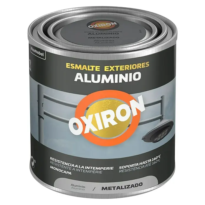 Oxiron Esmalte para metal Exteriores - Aluminio, 250 ml - Bote de esmalte de aluminio Oxiron para exteriores, resistente al calor y a la intemperie, perfecto para superficies metálicas.
