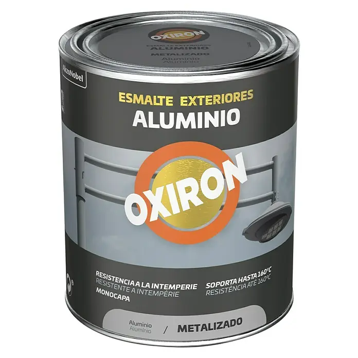 Oxiron Esmalte para metal Exteriores - Aluminio, 750 ml - Esmalte de aluminio para exteriores OXIRON para metal, resistente a la intemperie y al calor hasta 160°C, ideal para protección y decoración.