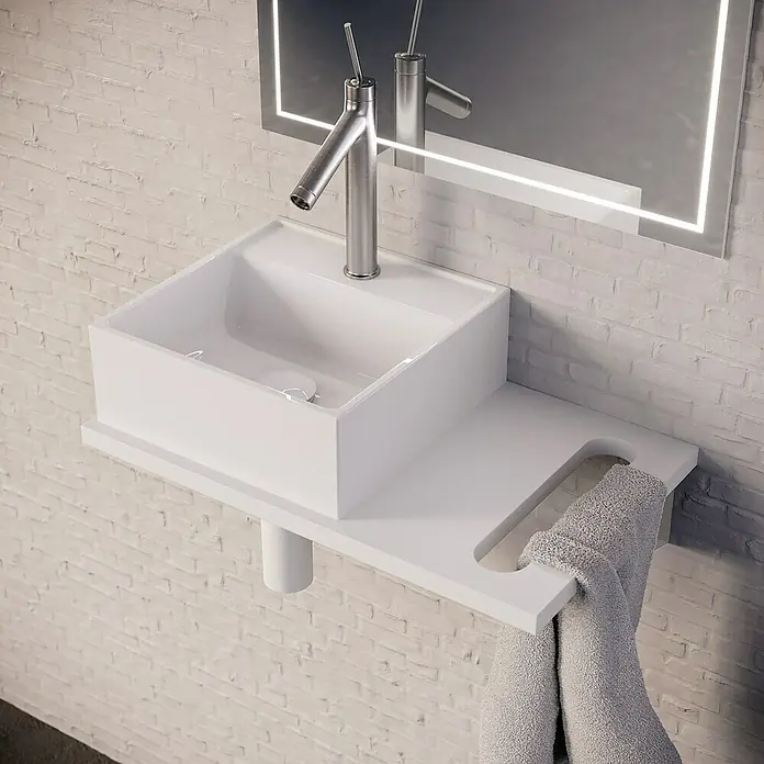 Lavabo pequeño con encimera y sifón Libera Space - An x L: 45 x 30 cm, Blanco - Combinación de lavabo moderna con toallero. Diseño elegante para baño.