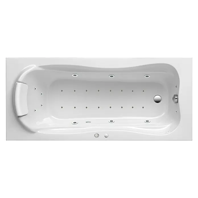 Ottofond Whirlpool Domingo180 x 80 cm, Sanitäracryl, Weiß, Premium - Ansicht von oben auf eine rechteckige Whirlpool-Badewanne mit Düsen und einem Kopfstützenkissen für ein luxuriöses Badeerlebnis.