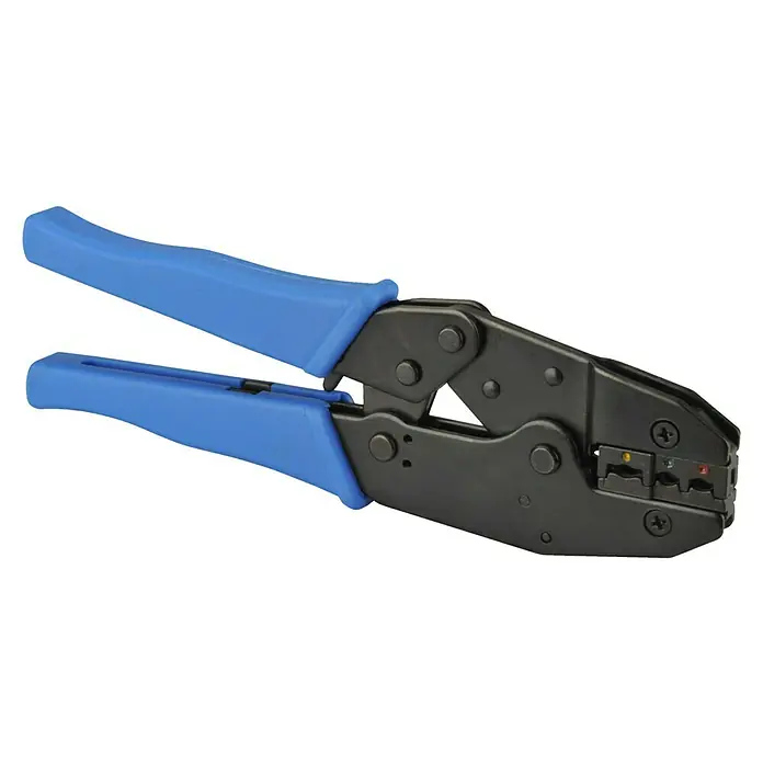 Voltomat Aderendhülsen-Presszange - 75 x 17 x 205 mm - Nahaufnahme einer Crimpzange mit blauen Griffen und schwarzem Metallkopf, ein Werkzeug zum Verbinden von Kabeln.
