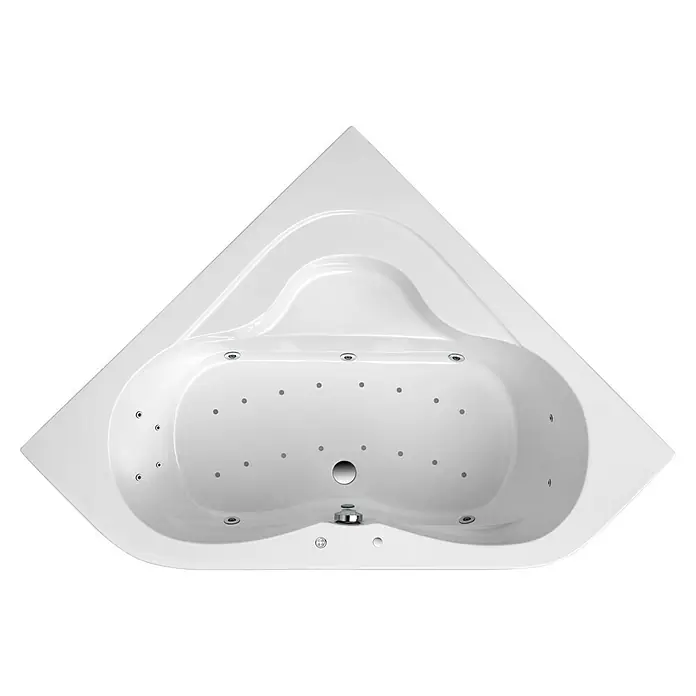 Ottofond Whirlpool Valletta - 140 x 140 cm, Sanitäracryl, Weiß, Premium - Das Bild zeigt eine weiße, dreieckige Whirlpool-Badewanne mit mehreren Düsen und einem Abfluss in der Mitte, ideal für Entspannung.