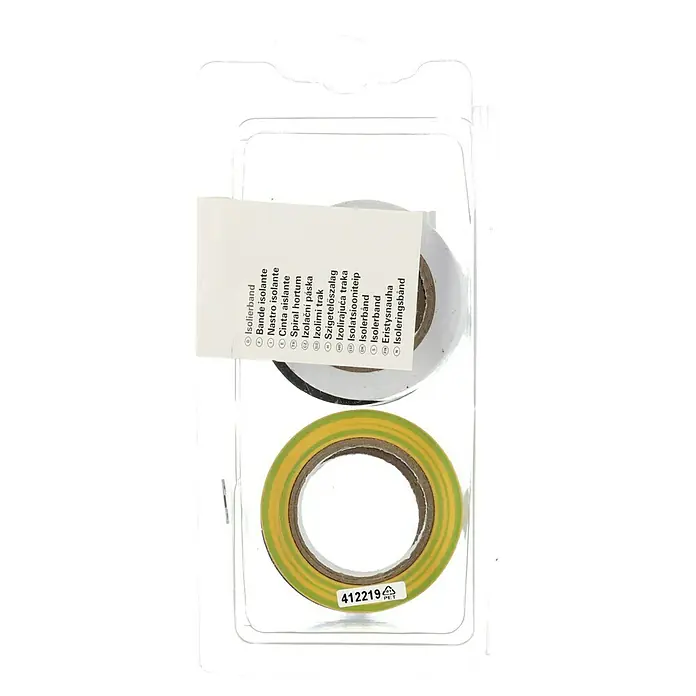 Voltomat Isolierband - 15 x 0,15 mm, 4 Stk., 10 m - Isolierband-Set in der Verpackung, mit einer Rolle grün-gelbem und einer Rolle schwarzem Isolierband für Elektroinstallationen.