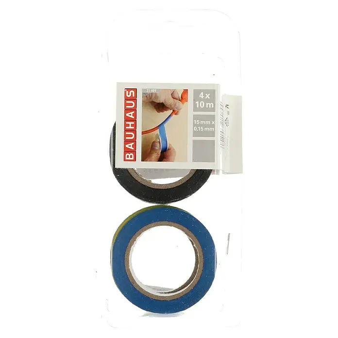 Voltomat Isolierband - 15 x 0,15 mm, 4 Stk., 10 m - Ein Paket mit 4 Rollen Isolierband von Bauhaus, jeweils 10 Meter lang und in verschiedenen Farben, ideal für Elektroinstallationen.