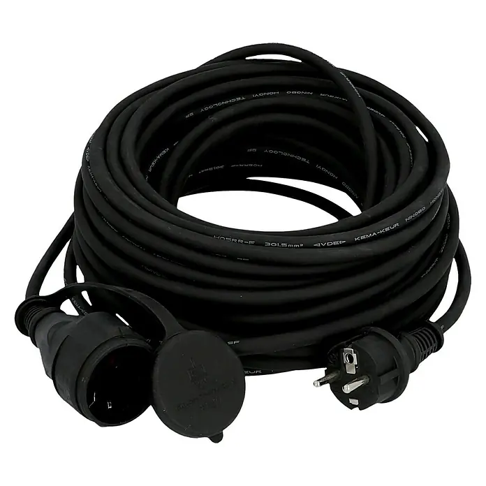 Verlängerungskabel - 25 m, Schwarz, IP44, H05RR-F - Schwarzes Stromkabel mit Schutzkontaktstecker und -kupplung. Ideal für den Einsatz im Freien und für den Anschluss von Geräten.