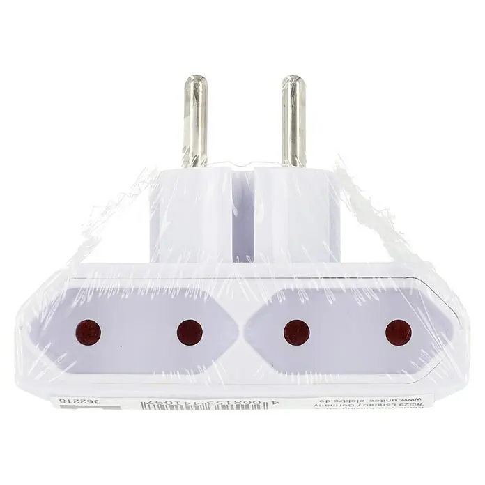 UniTEC Euro-Adapter - 1.250 W - Weißer Schutzkontakt-Steckdosenadapter mit zwei Steckplätzen und Schutzkontakt-Stecker in durchsichtiger Plastikverpackung für den sicheren Transport.
