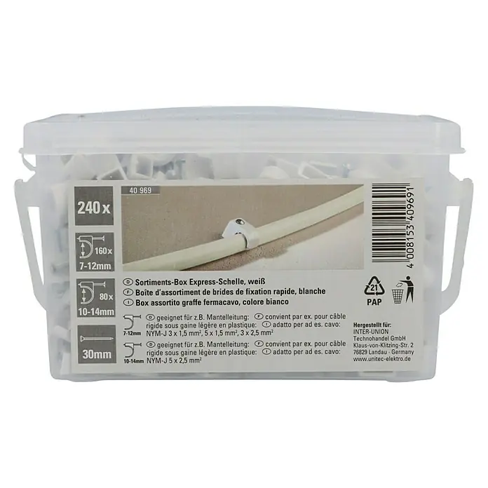 UniTEC Expressschellenbox Gemischt - Länge Nagel: 30 mm - Sortimentsbox Express-Schelle, weiß, mit 240 Kabelklammern verschiedener Größen, ideal für Kabelbefestigungen im Haus und Garten.