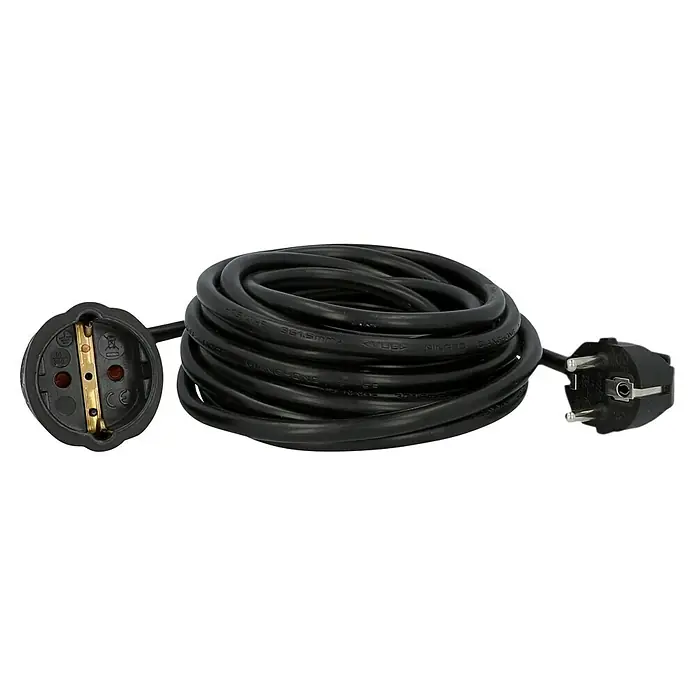 Voltomat Verlängerungskabel - 5 m, Schwarz, H05VV-F - Schwarzes Verlängerungskabel mit Stecker und Kupplung, zusammengerollt. Praktisches Zubehör für den Innen- und Außenbereich mit Schutzkontakt.