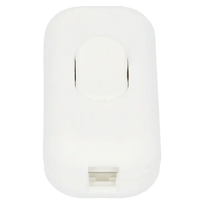 Schnurzwischenschalter - Weiß, Polanzahl: 1 Stk., 2 A, 250 V - Nahaufnahme eines weißen Schnurzwischenschalters für Lampen mit einem Knopf in der Mitte und einem Stecker unten.