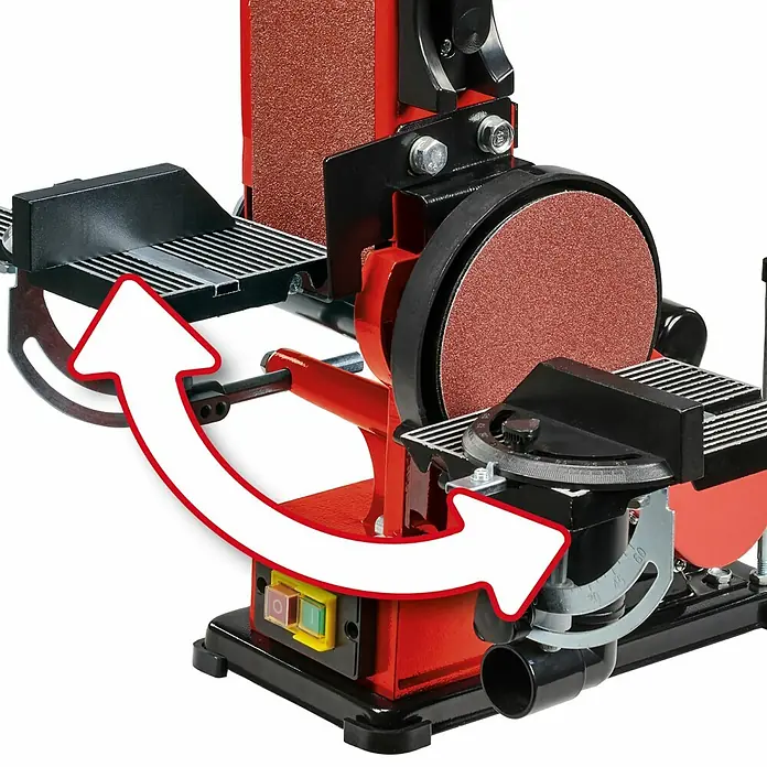 Einhell Lijadora de banda eléctrica de sobremesa TC-US 380 - 380 W, Número de revoluciones de marcha en vacío: 1.500 r.p.m. - Una vista detallada de una lijadora roja con un gran gráfico de flecha blanca que demuestra un movimiento giratorio.