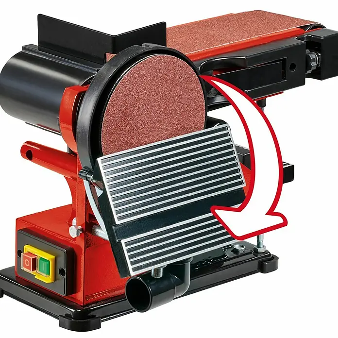 Einhell Lijadora de banda eléctrica de sobremesa TC-US 380 - 380 W, Número de revoluciones de marcha en vacío: 1.500 r.p.m. - Vista detallada de una lijadora de banda con cinta y disco de lijado para carpintería.