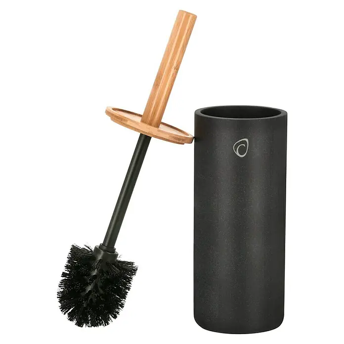 Camargue WC-Bürstengarnitur Vero - Bambus, Anthrazit, Höhe: 38 cm - Toilettenbürste mit Halterung. Die Bürste hat einen Holzgriff und schwarze Borsten. Der Halter ist aus dunklem Material mit einem subtilen Logo.