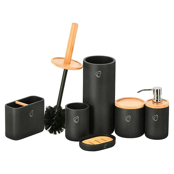 Camargue Zahnputzbecher Vero Typ 2 - Beton, Anthrazit - Sieben teiliges Badezimmer-Accessoire-Set in Schwarz mit Holzakzenten, einschließlich Seifenspender, Zahnbürstenhalter und Toilettenbürste.