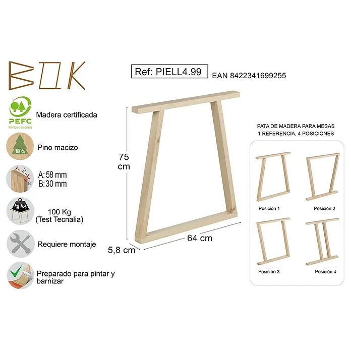 Astigarraga Pata para muebles Bok - L x An x Al: 5,8 x 64 x 75 cm, Natural, 4 posiciones - Imagen de una pata de mesa de madera de haya natural sin tratar PIELL4.99 con datos técnicos y diferentes posiciones de montaje.