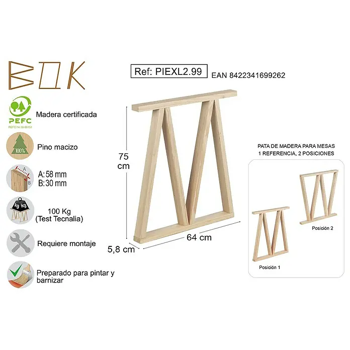 Astigarraga Pata para muebles Bok - L x An x Al: 5,8 x 64 x 75 cm, Natural, 2 posiciones - La imagen muestra una construcción de pata de mesa de madera PIEXL2.99 hecha de madera de pino maciza, adecuada para mesas y se puede montar en dos posiciones.