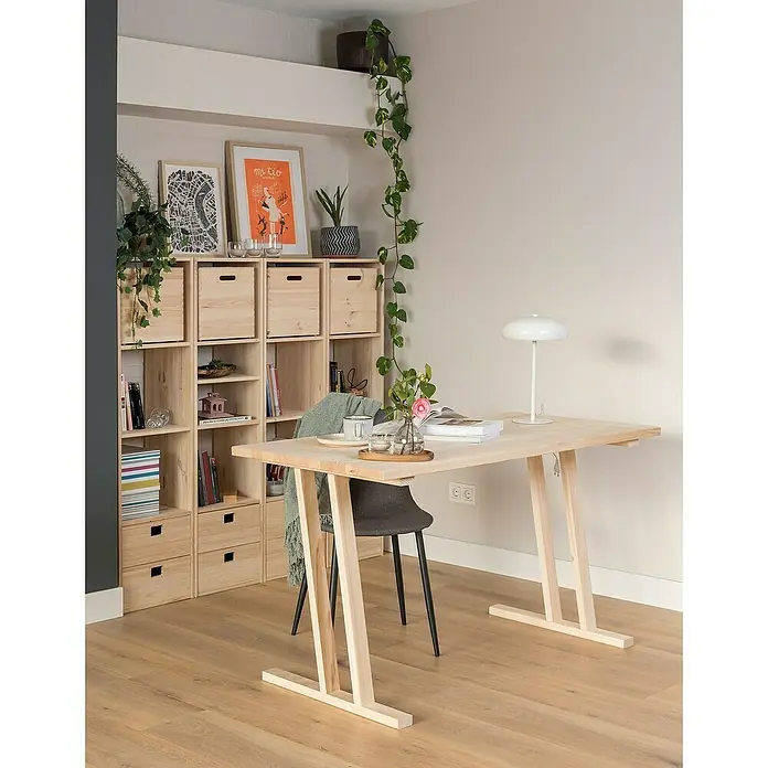 Astigarraga Pata para muebles Bok - L x An x Al: 5,8 x 64 x 75 cm, Natural, 4 posiciones - Luminoso espacio de trabajo con un escritorio de pino, una silla gris y una pared de estanterías con plantas de interior para un toque natural.