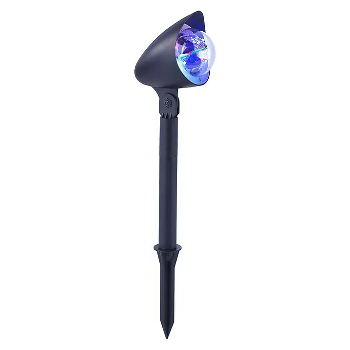 LED-Erdspießleuchte Disco - Höhe: 45 cm - Bild einer Gartenleuchte mit farbigen Lichtern, die auf einem Stab mit Erdspieß montiert ist.