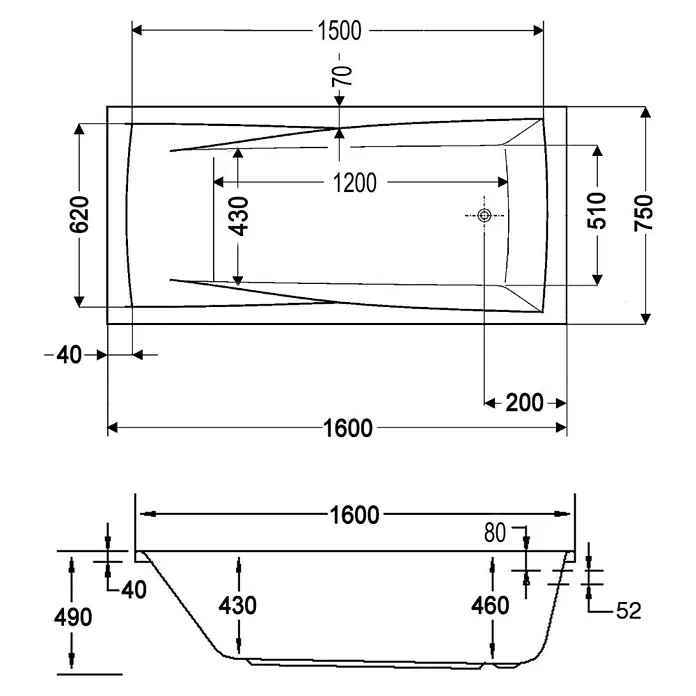 Ottofond Whirlpool Santos - 160 x 75 cm, Sanitäracryl, Weiß, Premium - Technische Zeichnung einer rechteckigen Badewanne mit Maßen.