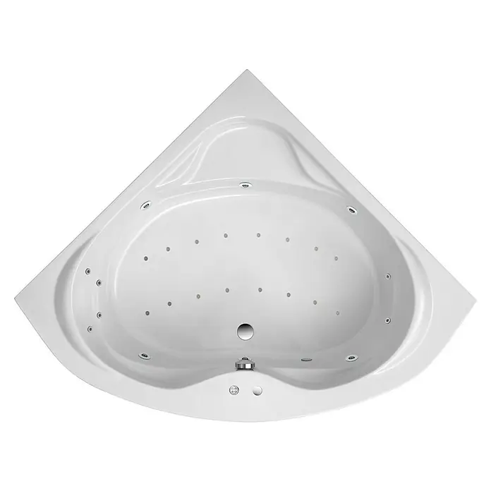Ottofond Whirlpool Maya - 145 x 145 cm, Sanitäracryl, Weiß, Premium - Nahaufnahme einer weißen Eckbadewanne mit Whirlpool-Funktion und mehreren Düsen auf schwarzem Hintergrund.