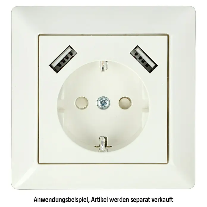 USB-Steckdose Typ A - Erhöhter Berührungsschutz, Reinweiß, Glänzend, Kunststoff, Unterputzmontage - Nahaufnahme einer weißen Steckdose mit zwei USB-Anschlüssen, ideal für moderne Geräte und eine stilvolle Inneneinrichtung.