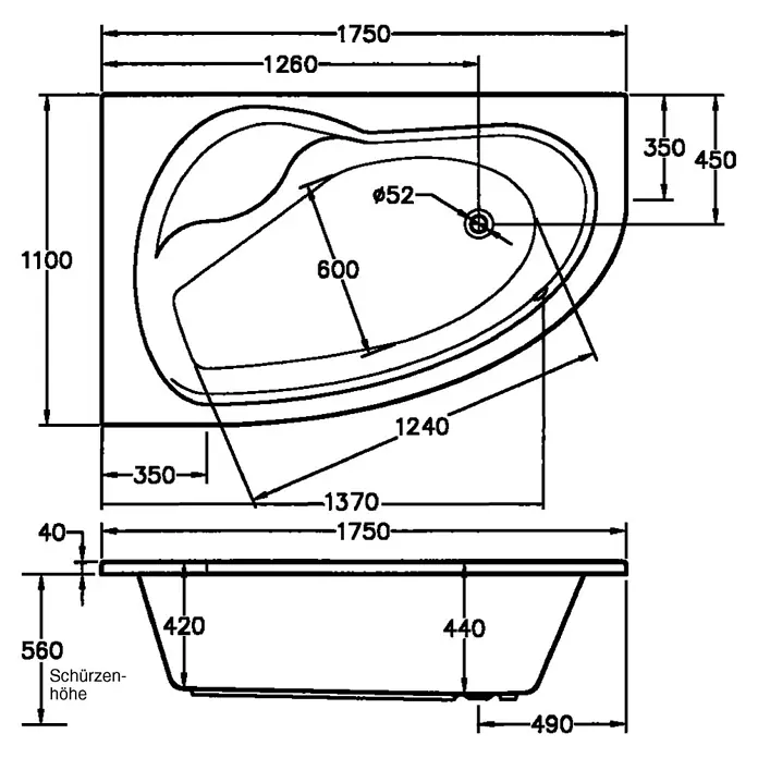 Ottofond Whirlpool Mauritius - 175 x 110 cm, Sanitäracryl, Weiß, Exklusiv, Linksseitig - Technische Zeichnung einer asymmetrischen Badewanne mit Maßen und Abmessungen für die Installation.