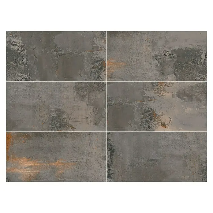 Terrassenfliese Metallic 2.0 - 60 x 120 x 2 cm, Anthrazit, Matt - Nahaufnahme von sechs grauen Wandfliesen mit einem strukturierten, metallischen Finish und subtilen Rostakzenten für ein modernes Interieur.