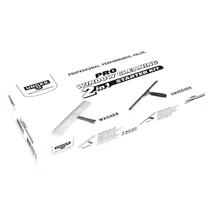 Unger Glasreinigungs-Set Pro Window Cleaning 2in1 Starter Kit - 2 -tlg. - Abbildung einer UNGER PRO 2in1 Fensterreinigungs-Starter-Kit-Box mit professionellen Werkzeugen für eine intelligente Reinigung.