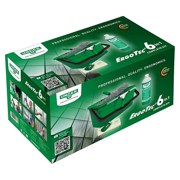 Unger ErgoTec Glasreinigungs-Set 6in1 Complete Kit - 6 -tlg. - Abbildung einer Unger ErgoTec 6-in-1 Fensterreinigungs-Set-Box mit Reinigungsutensilien.