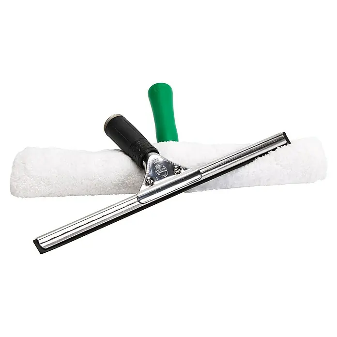 Unger Glasreinigungs-Set Pro Window Cleaning 2in1 Starter Kit - 2 -tlg. - Abbildung eines Fensterreinigungssets, bestehend aus einem Wischer mit Gummilippe, einem Einwascher mit Mikrofaserbezug und einem Griff.