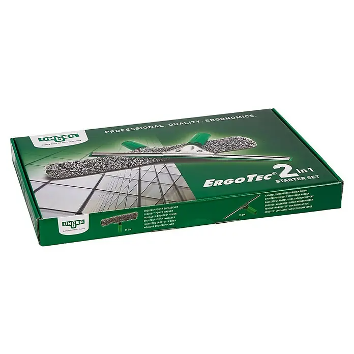 Unger ErgoTec Glasreinigungs-Set 2in1 Starterset - 2 -tlg. - Abbildung einer grünen UNGER ErgoTec 2-in-1 Starter Set Box mit Fensterreinigungswerkzeug, die professionelle Qualität und Ergonomie verspricht.