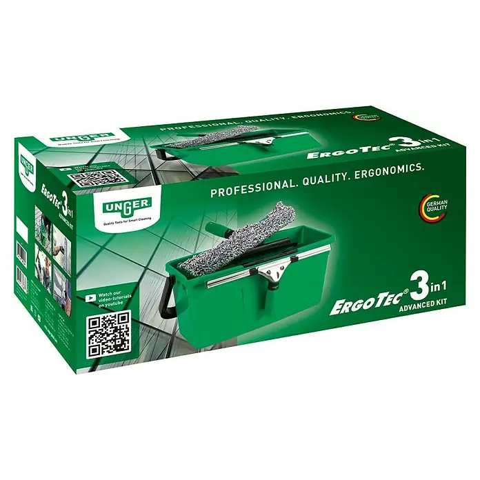 Unger ErgoTec Glasreinigungs-Set 3in1 Advanced Kit - 3 -tlg. - Unger ErgoTec 3-in-1 Profi-Fensterreinigungsset mit Eimer, Wischer und Abzieher für streifenfreie Sauberkeit und professionelle Ergebnisse.
