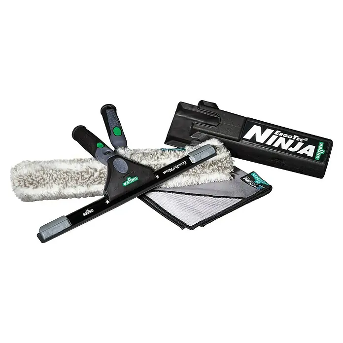 Unger ErgoTec Glasreinigungs-Set Ninja 4in1 Advanced Kid - 4 -tlg. - Fensterreinigungswerkzeugset der Marke Unger ErgoTec Ninja mit einem Mopp, einem Abzieher, einem Tuch und einem Behälter für die Aufbewahrung.