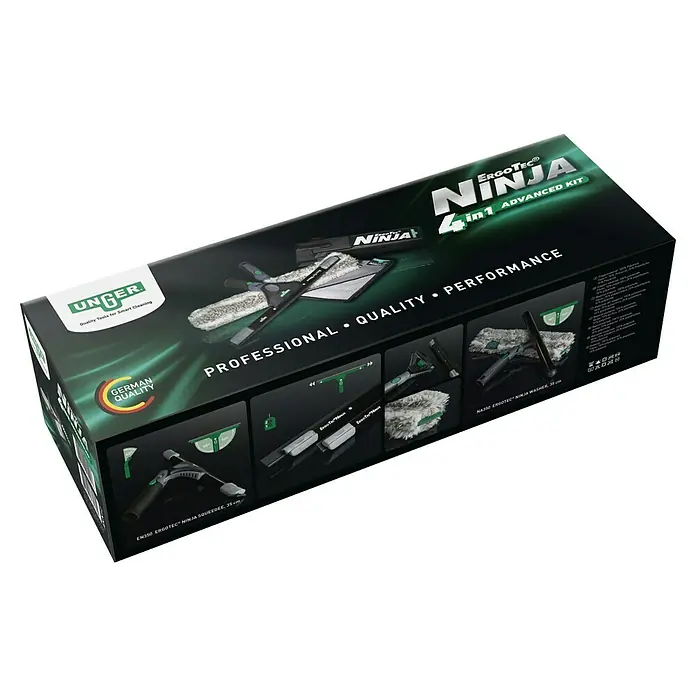 Unger ErgoTec Glasreinigungs-Set Ninja 4in1 Advanced Kid - 4 -tlg. - Bild einer UNGER ErgoTec Ninja 4-in-1 Fensterreinigungskit-Verpackung, die professionelle Reinigungsqualität und Leistung verspricht.