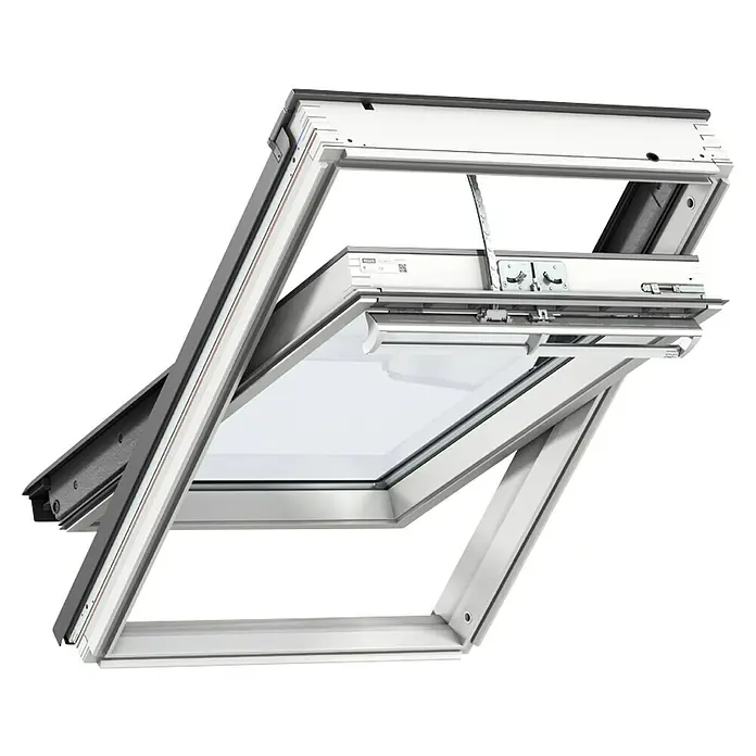 Velux Ventana de techo giratoria eléctrica GGL - 55 x 98 cm - Imagen de una ventana de techo VELUX abierta. El acabado blanco de la ventana se integra perfectamente con el diseño moderno, asegurando la luminosidad.