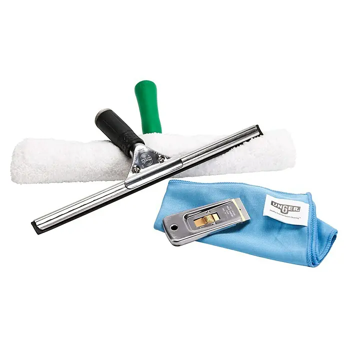 Unger Glasreinigungs-Set Pro Window Cleaning 4in1 Advanced Kit - 4 -tlg. - Fensterreinigungskit von Unger mit Einwascher, Abzieher, Schaber und Mikrofasertuch für streifenfreie Sauberkeit.