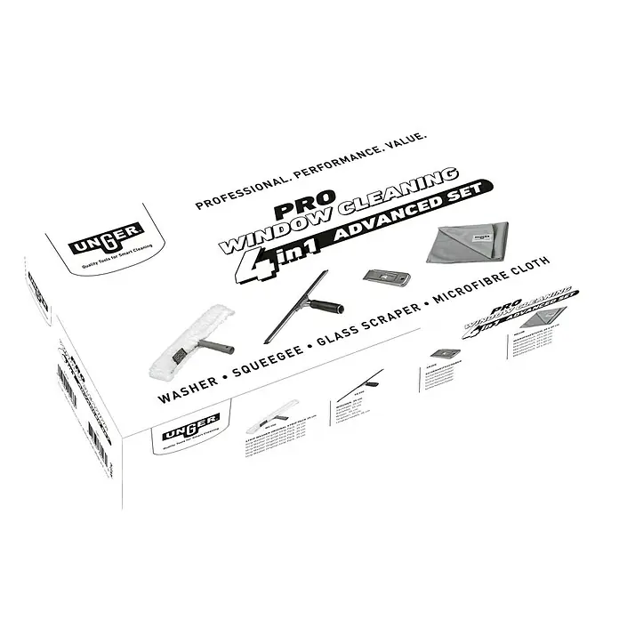 Unger Glasreinigungs-Set Pro Window Cleaning 4in1 Advanced Kit - 4 -tlg. - Produktabbildung eines UNGER Fensterreinigungs-Sets, bestehend aus Wascher, Abzieher, Glasschaber und Mikrofasertuch für professionelle Reinigung.