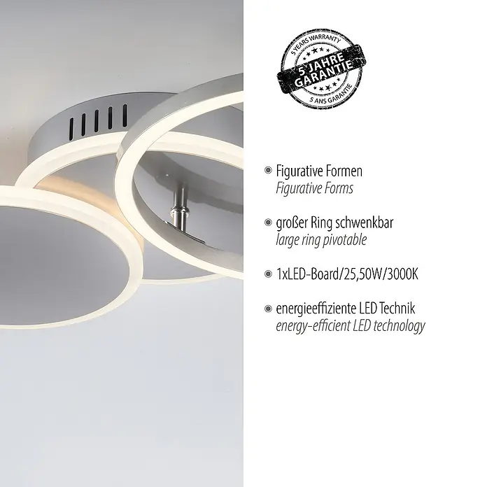 Just Light LED-Deckenleuchte SEVENT - 29 W, L x B x H: 50 x 33,4 x 8,2 cm, Stahl, Warmweiß - Nahaufnahme der modernen LED-Deckenleuchte mit schwenkbaren Ringen und energiesparender Technik.