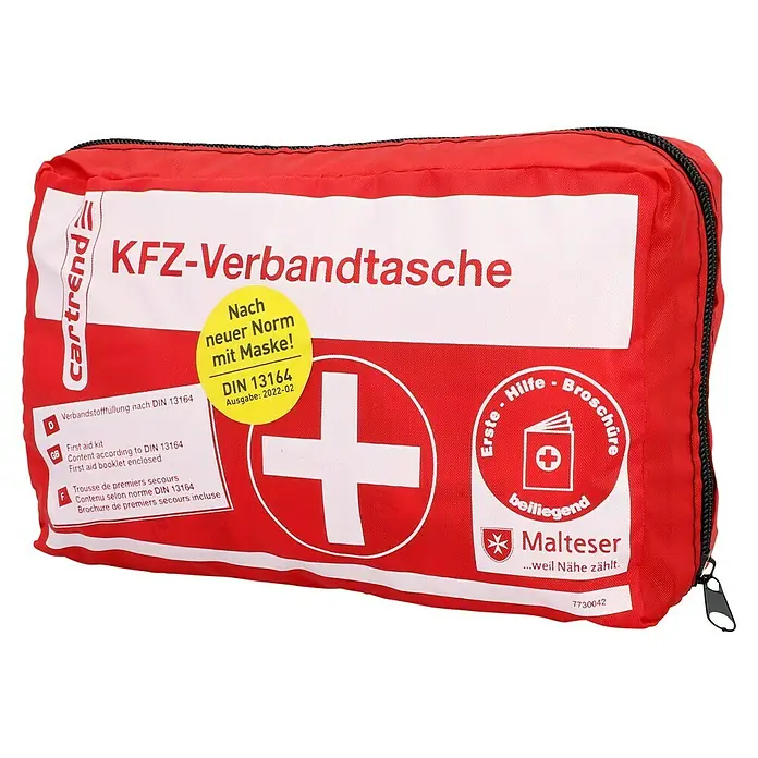 Cartrend Kfz-Verbandtasche - DIN 13164 - Rote KFZ-Verbandstasche von Cartrend mit weißem Kreuz und Aufschrift, ausgestattet nach DIN 13164.