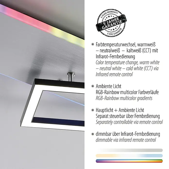 Just Light LED-Deckenleuchte RENDA - 35 W, L x B x H: 91 x 56 x 6 cm, Aluminium, Mehrfarbig - Moderne LED-Deckenleuchte mit Farbtemperaturwechsel, RGB-Rainbow-Ambiente und Infrarot-Fernbedienung zur individuellen Anpassung.